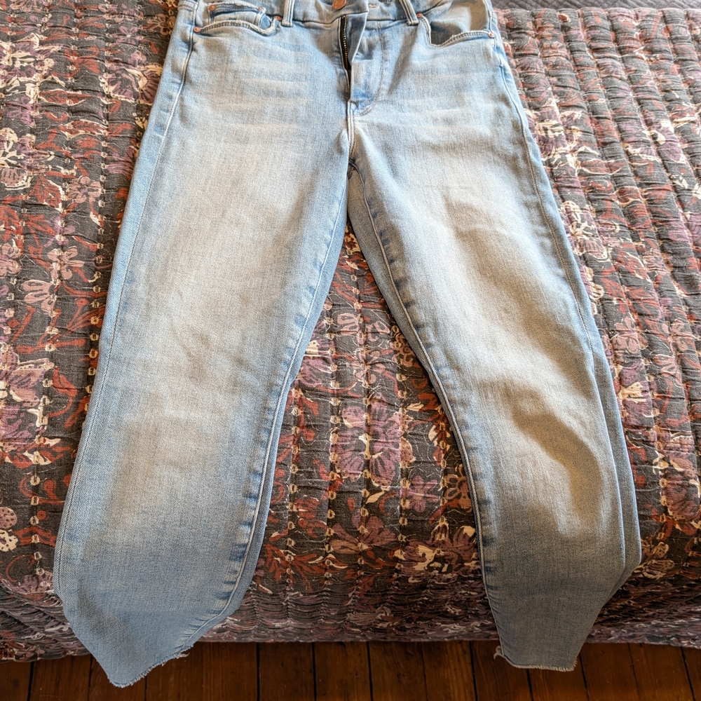 MOTHER High Waisted Fray Ankle Light Blue Skinny Jeans